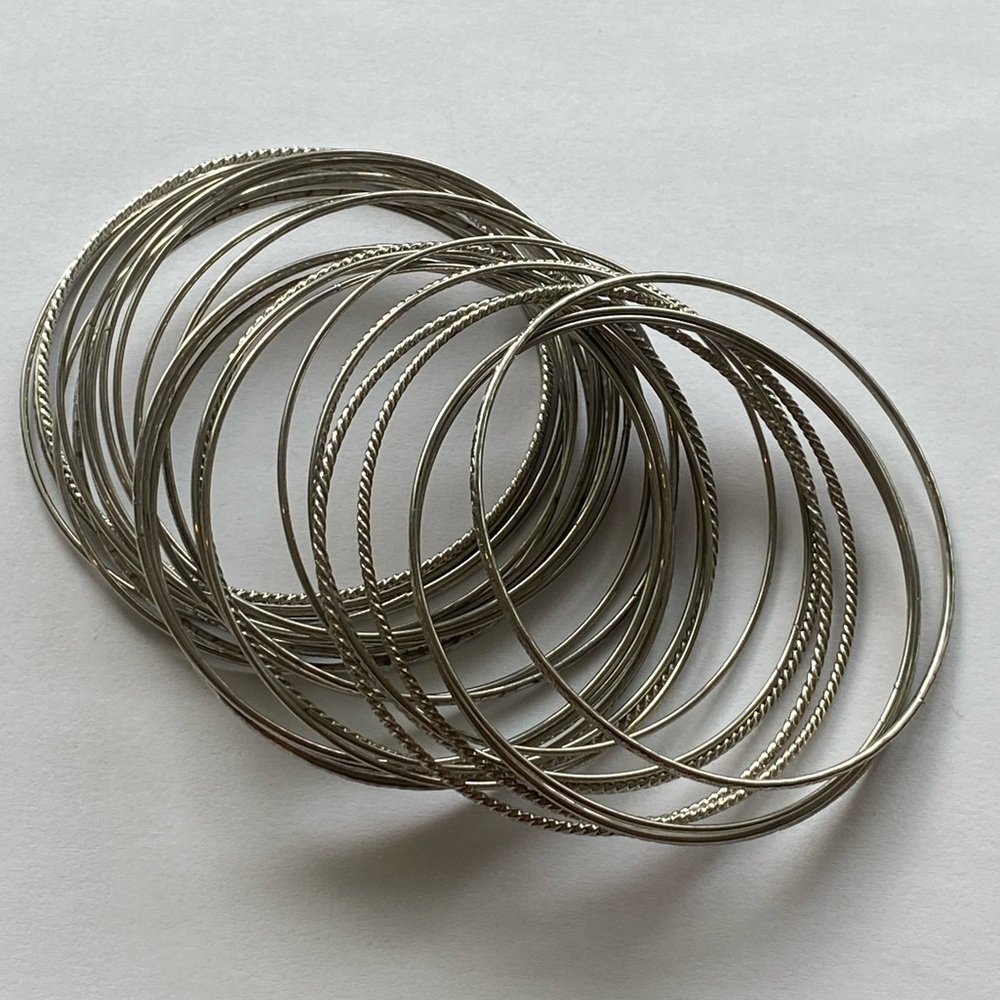 Silver Tone Bracelet Lot of 29 Stackable Skinny Bangles